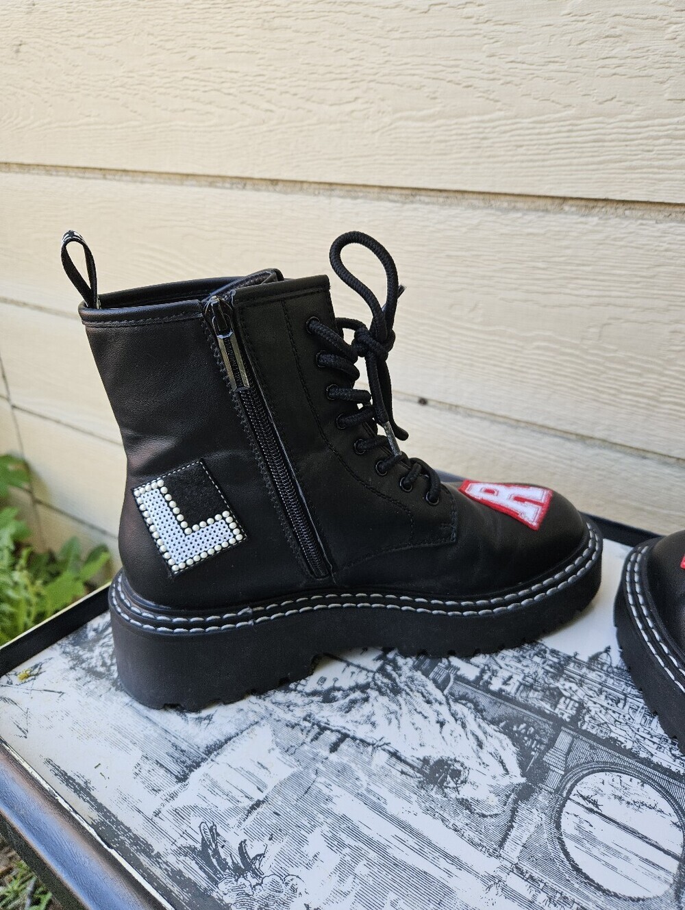 Karl Lagerfeld Dixie black applique combat boots size 8 - Picture 6 of 12